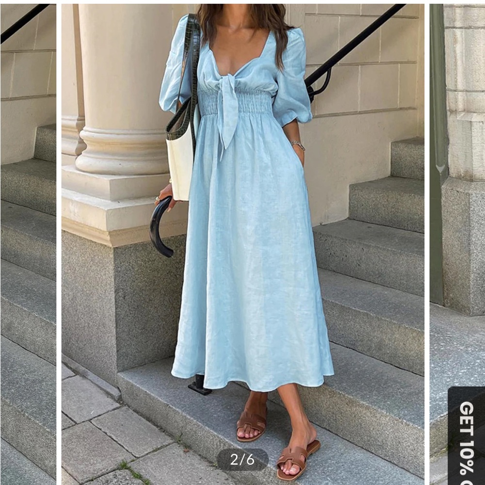 Commense Linen Cotton Front Tie Midi Dress